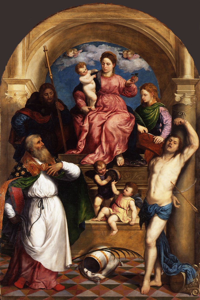 Madonna met Kind en Heiligen op de Troon, ca. 1530 door Paris Bordone