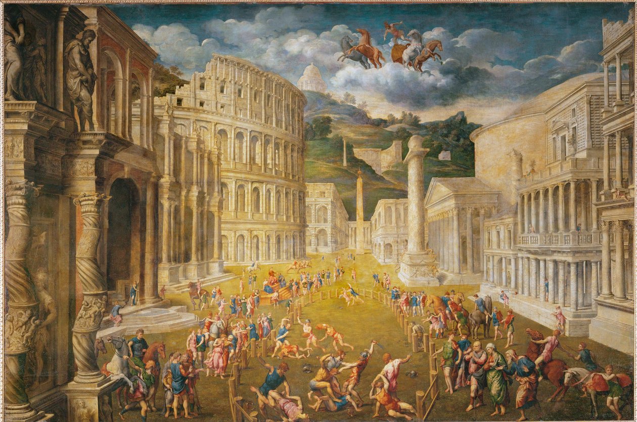 Vechtende gladiatoren (schilderij op doek) door Paris Bordone