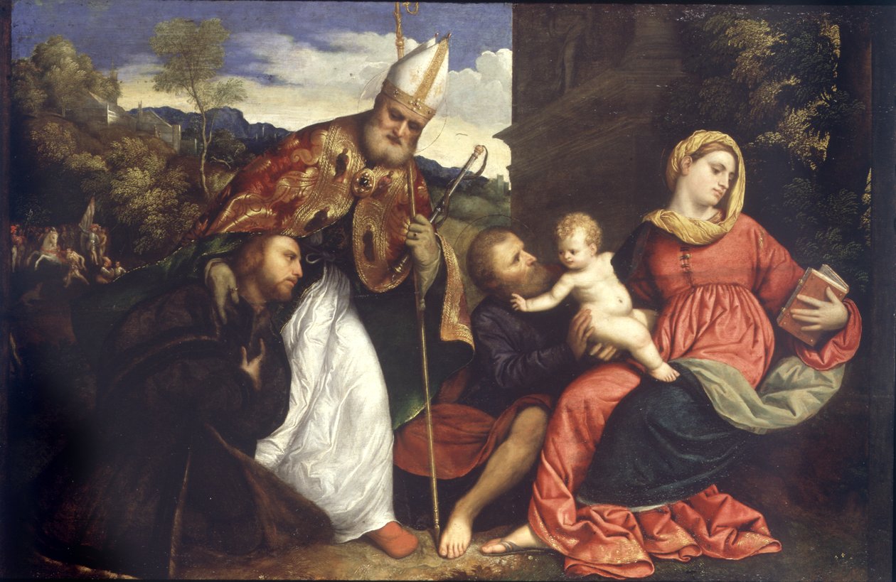 Heilige Familie met St. Ambrosius die een schenker presenteert door Paris Bordone