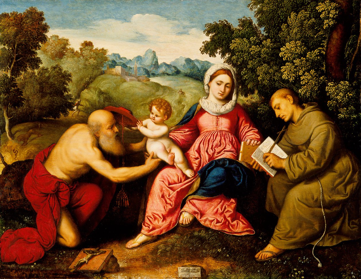 Madonna en kind met heiligen Jerome en Franciscus door Paris Bordone