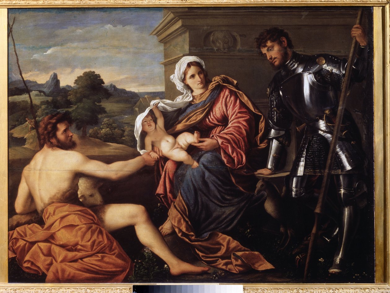 Maagd en kind, Sint Jan de Doper en Sint Joris door Paris Bordone