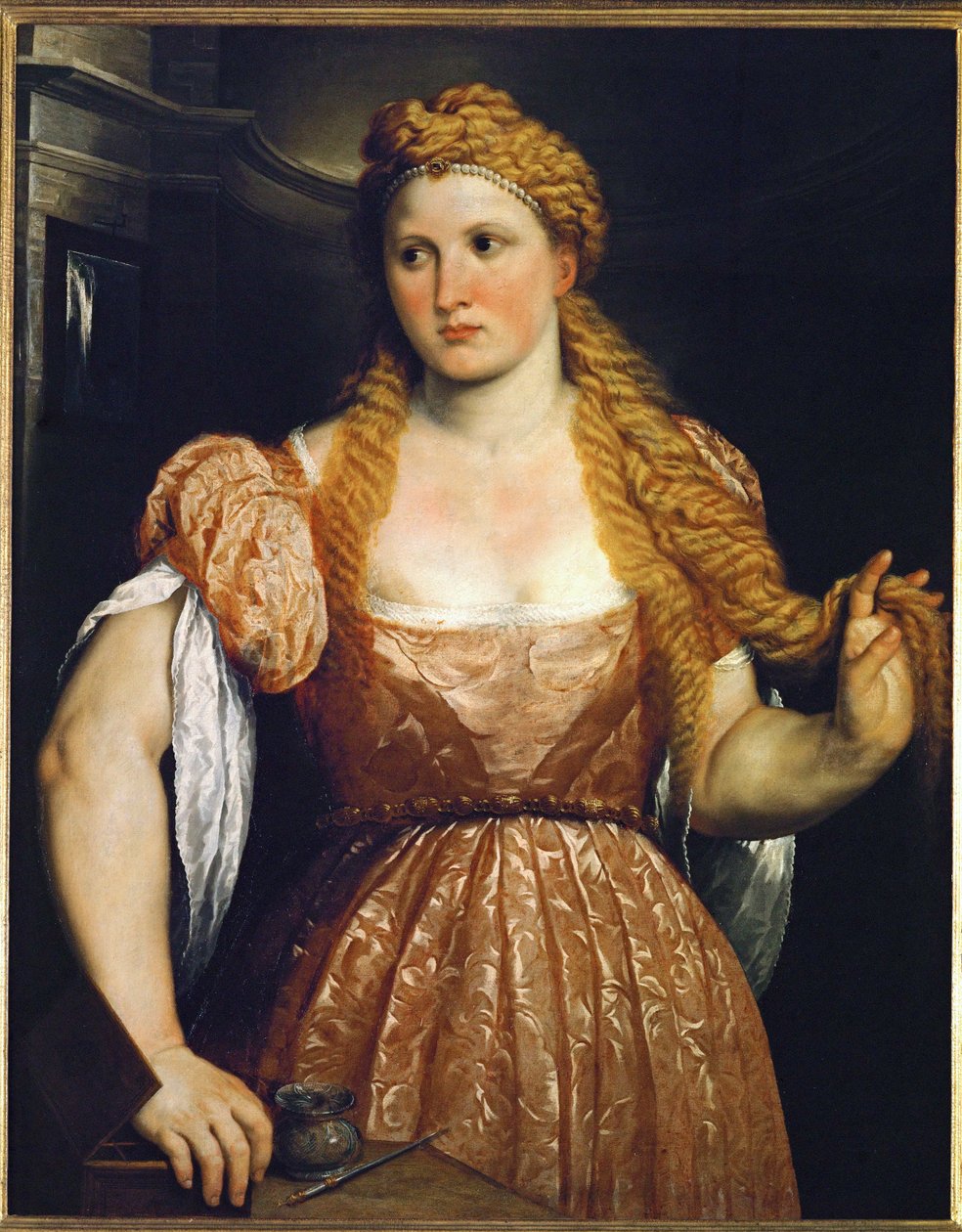 Vrouw aan de kaptafel ... (schilderij op doek) door Paris Bordone