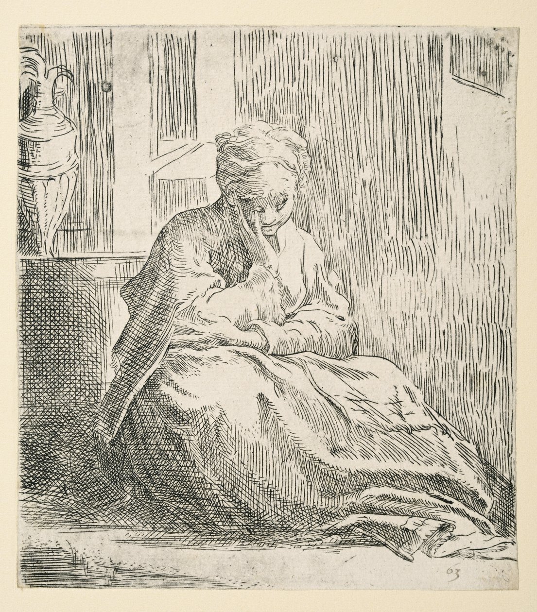 Vrouw zittend op de grond, bekend als Sint Thais (ets) door Parmigianino