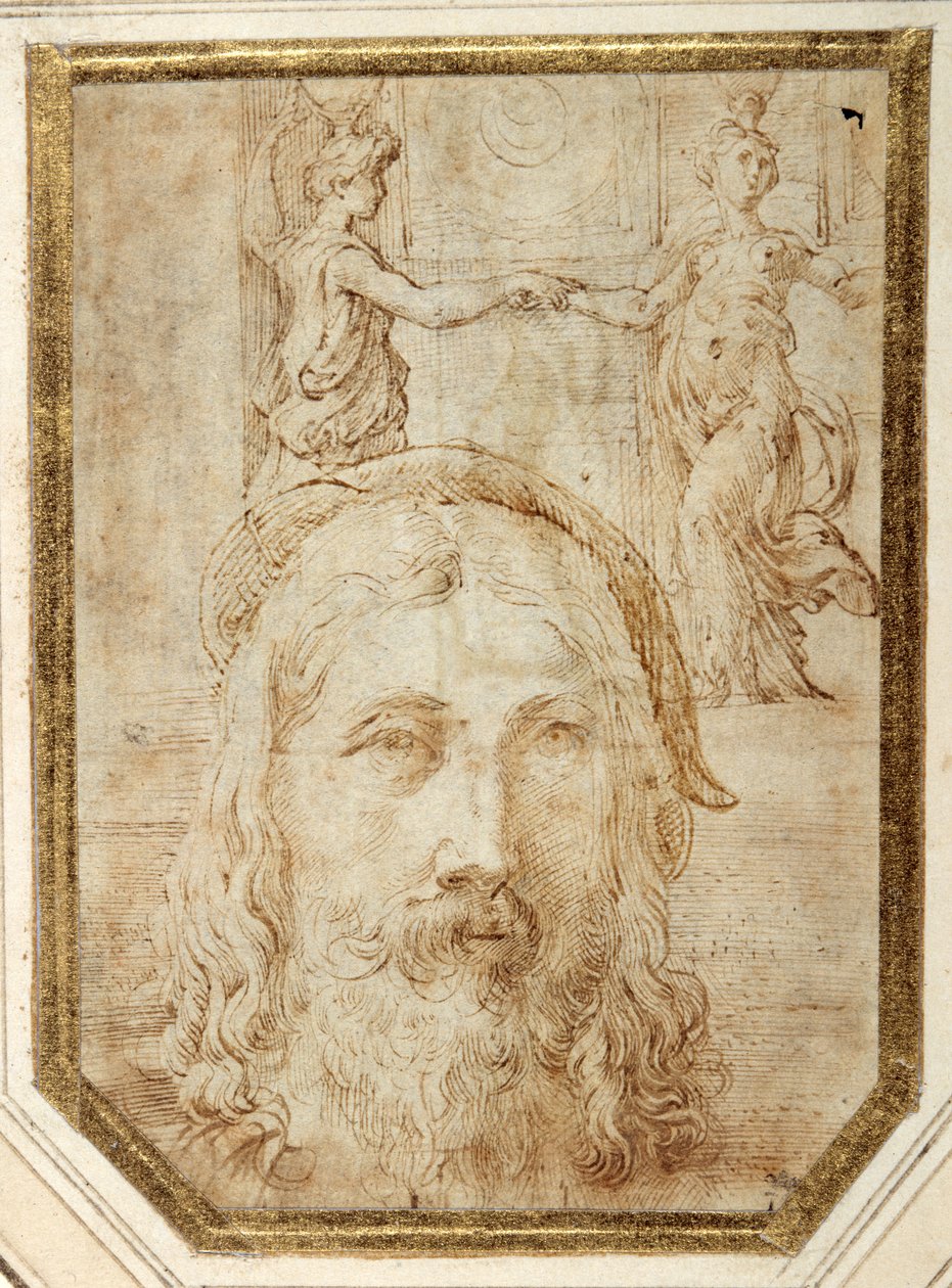 Zelfportret, opgelegd op voorlopige studies voor twee canephori van de Steccata door Parmigianino