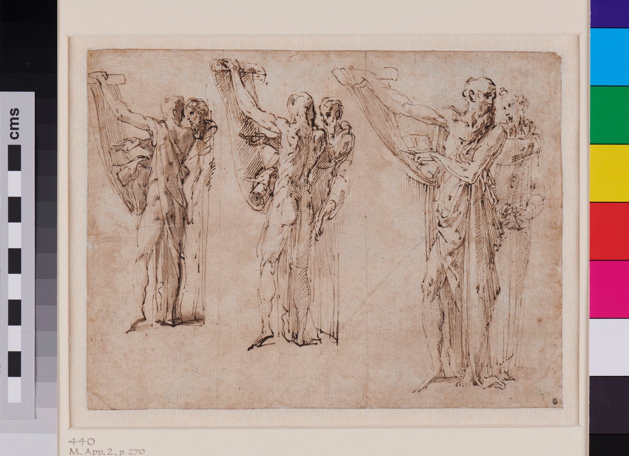 Drie studies van de heilige Hiëronymus en de heilige Franciscus in gesprek, recto ca. 1534 - 1539 (pen en bruine inkt met grijs gewassen papier) door Parmigianino (1503-40)