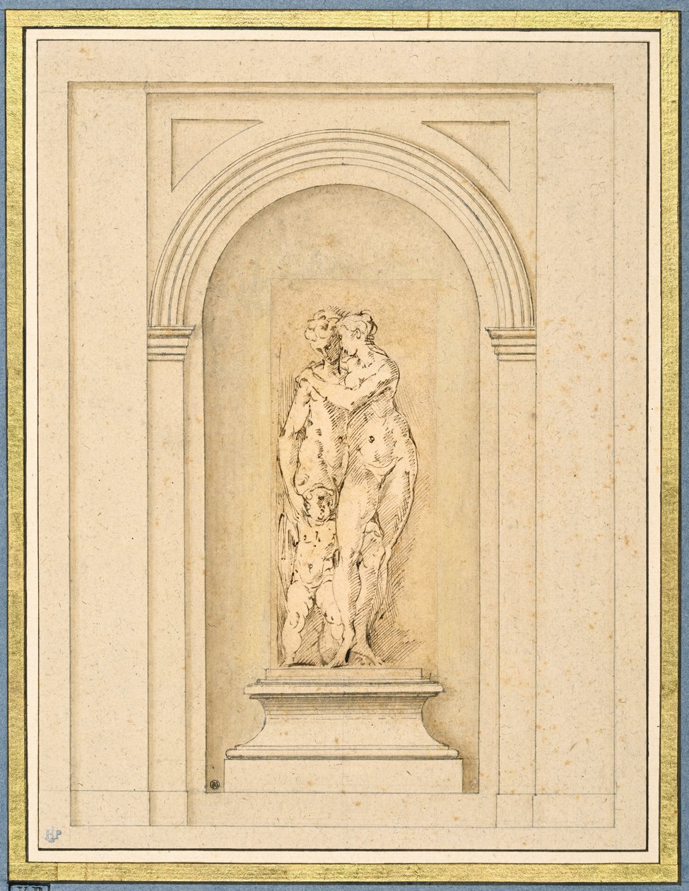 Twee figuren en een cupido omgeven door een later architecturaal kader door Parmigianino