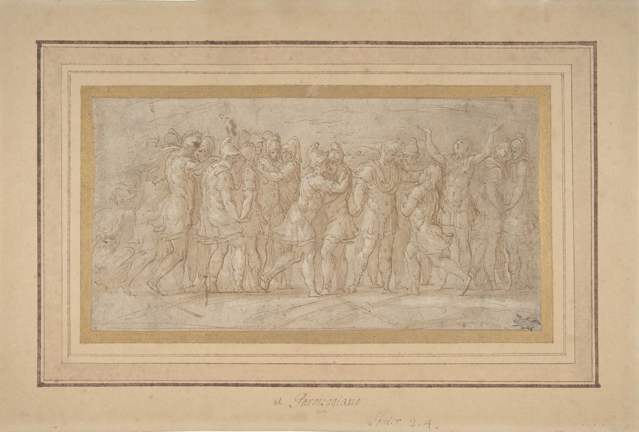 Romeinse of Griekse krijgers vieren na een overwinning, 1503-40 door Parmigianino