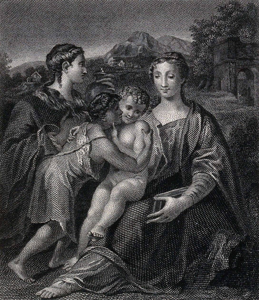 Heilige Maria (de gezegende Maagd) met het Christuskind, de heilige Johannes de Doper en de heilige Maria Magdalena. Gravure naar G.F.M. Mazzola, il Parmigianino. door Parmigianino