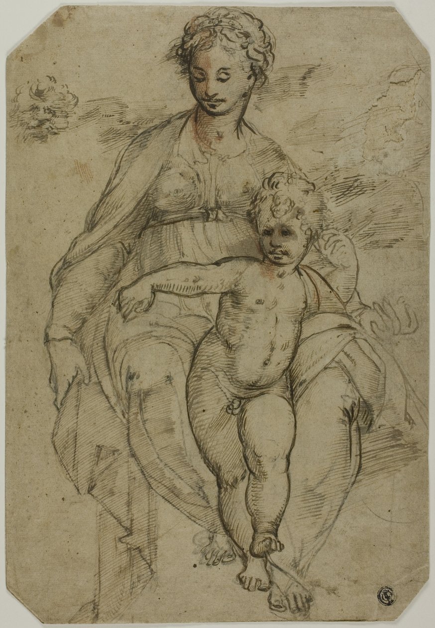 Maagd en Kind (recto); Schets van Drie Heiligen en Karikatuurschets (verso) door Parmigianino