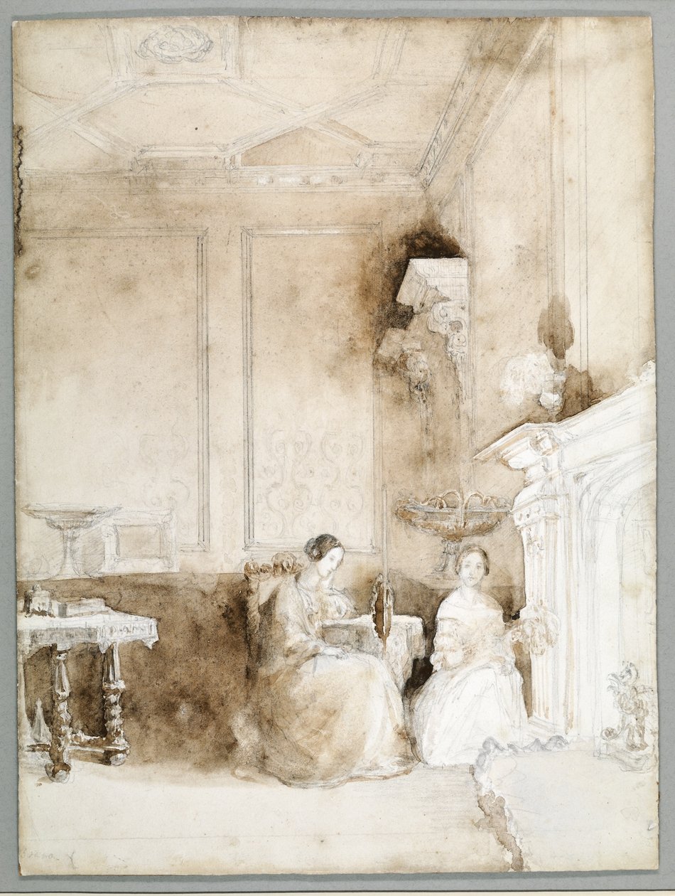 Florence Nightingale en Marianne Nicholson in de salon in Embley, ca. 1830 door Parthenope Nightingale