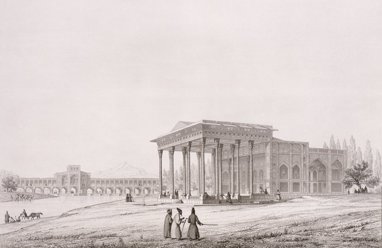Buitenaanzicht van het Paviljoen van Spiegels, Isfahan, plaat 33 uit 