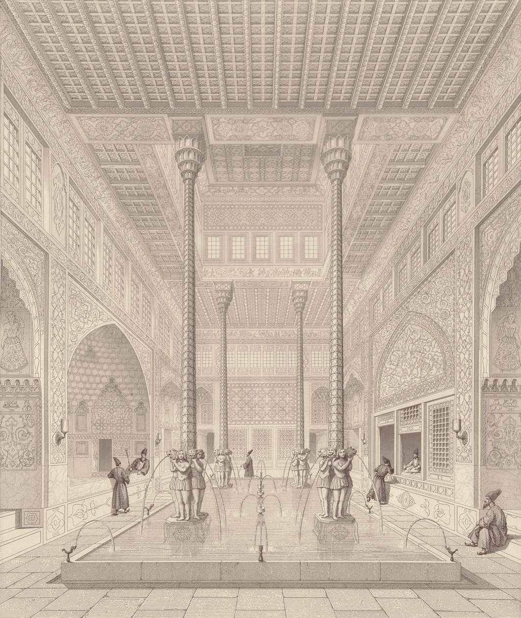 Interieur van het Tchar-Bach Paleis, Isfahan, uit Moderne Monumenten van Perzië, gegraveerd door Claude Sauvageot (1832-85) en Jean Charles Huguet, 1856 door Pascal Xavier after Coste