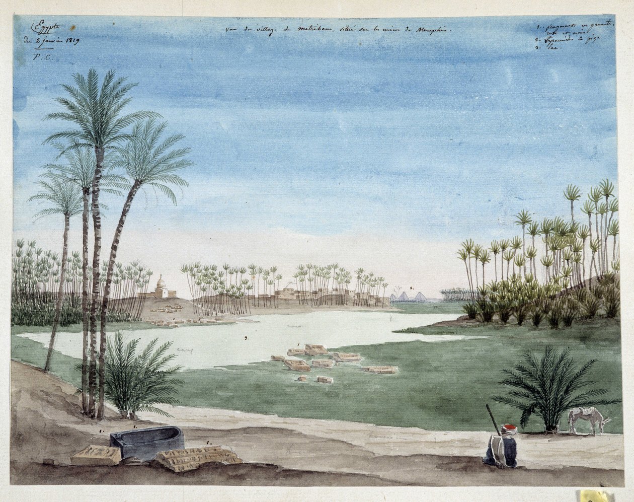 Egypte: Uitzicht op het dorp Metriham nabij Memphis, 1819 door Pascal Xavier (after) Coste