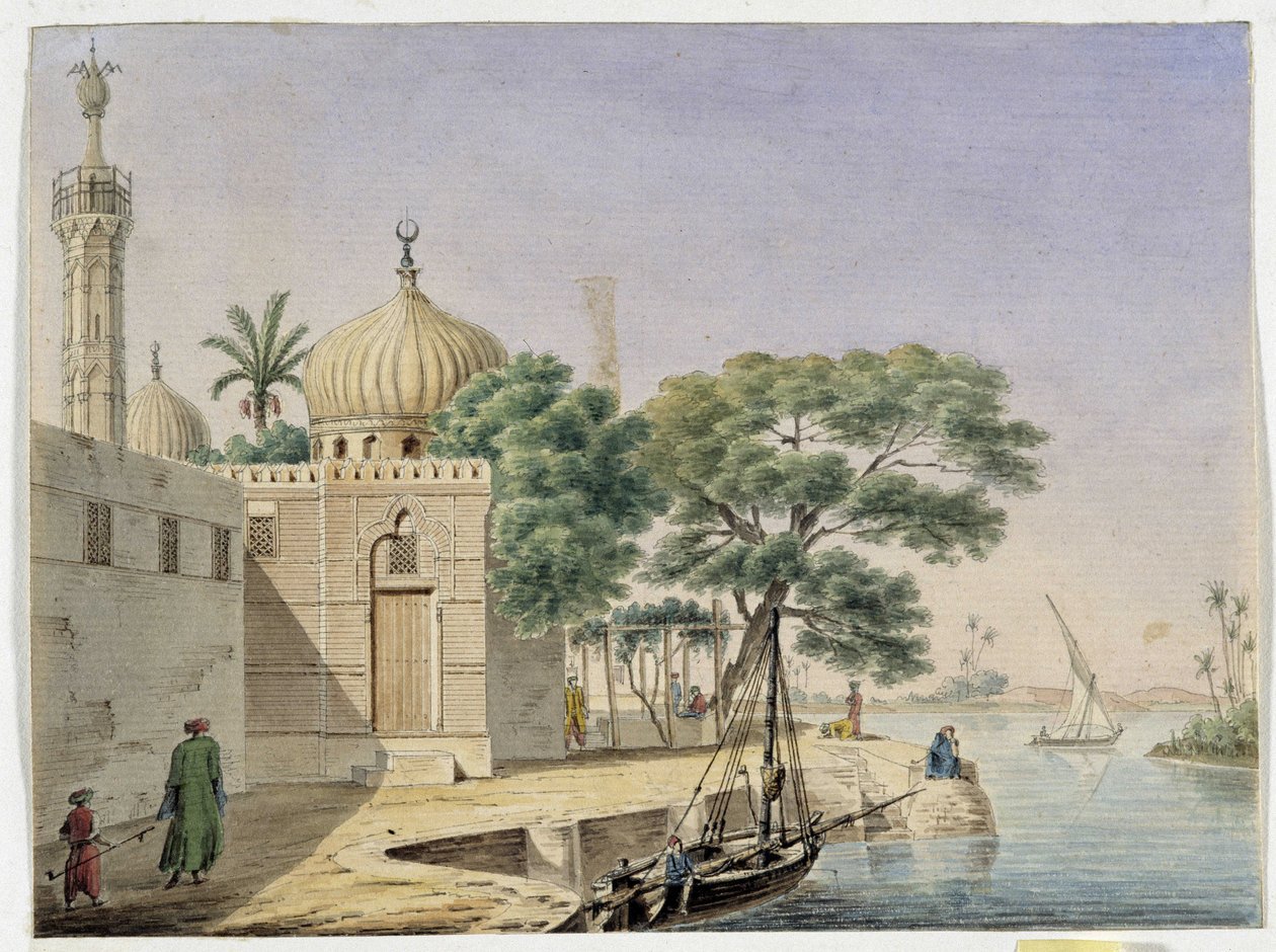 Uitzicht op een moskee aan het water, Egypte door Pascal Xavier (after) Coste