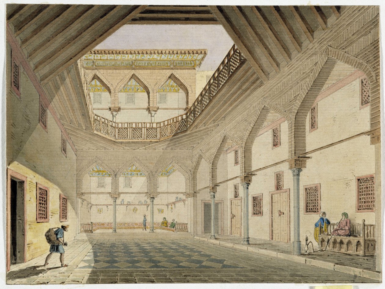 Uitzicht op het interieur van een karavanserai, huis van Azir Osman Agha door Pascal Xavier (after) Coste