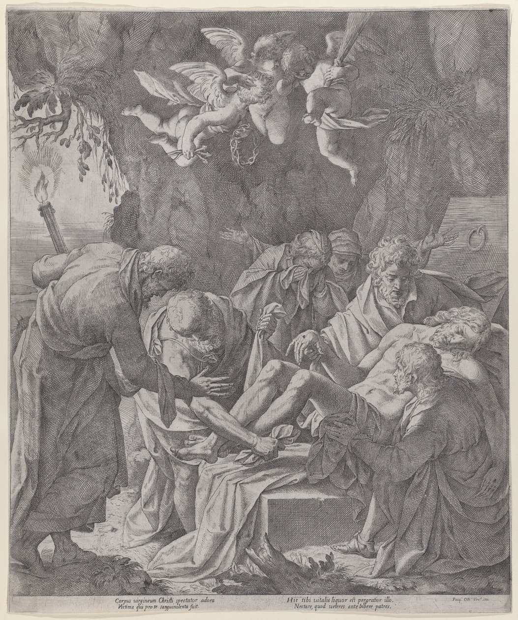 Christus wordt in het graf gelegd terwijl de Maagd erachter staat te huilen door Pasquale Ottino