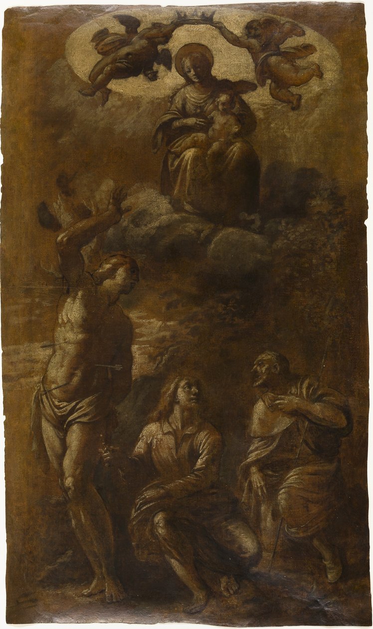 Maagd en Kind in Glorie met Heiligen Sebastianus, Johannes de Evangelist en Rochus door Pasquale Ottino