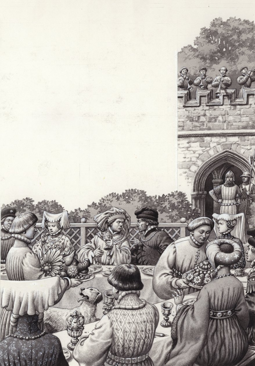 Diner aan het hof van keizer Rupert van Duitsland in de Middeleeuwen (gouache op papier) door Pat (1907 95) Nicolle