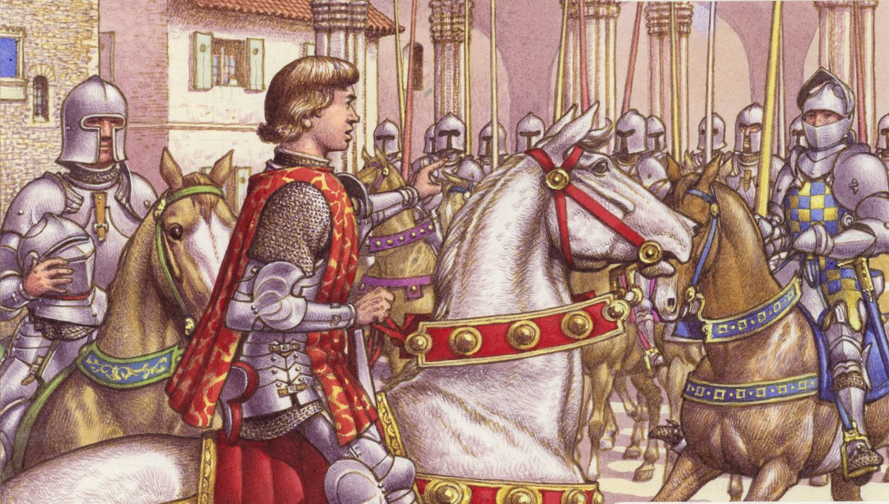Lorenzo de Medici bekijkt trouwe soldaten op het Piazza di Signoria in Florence (gouache op papier) door Pat (1907 95) Nicolle