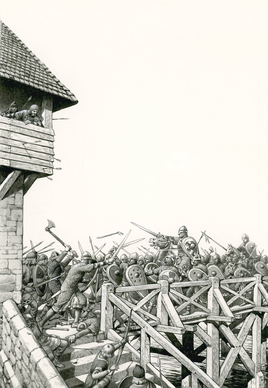 Normandische Verovering: troepen rukken op langs de Theems (gouache op papier) door Pat (1907 95) Nicolle