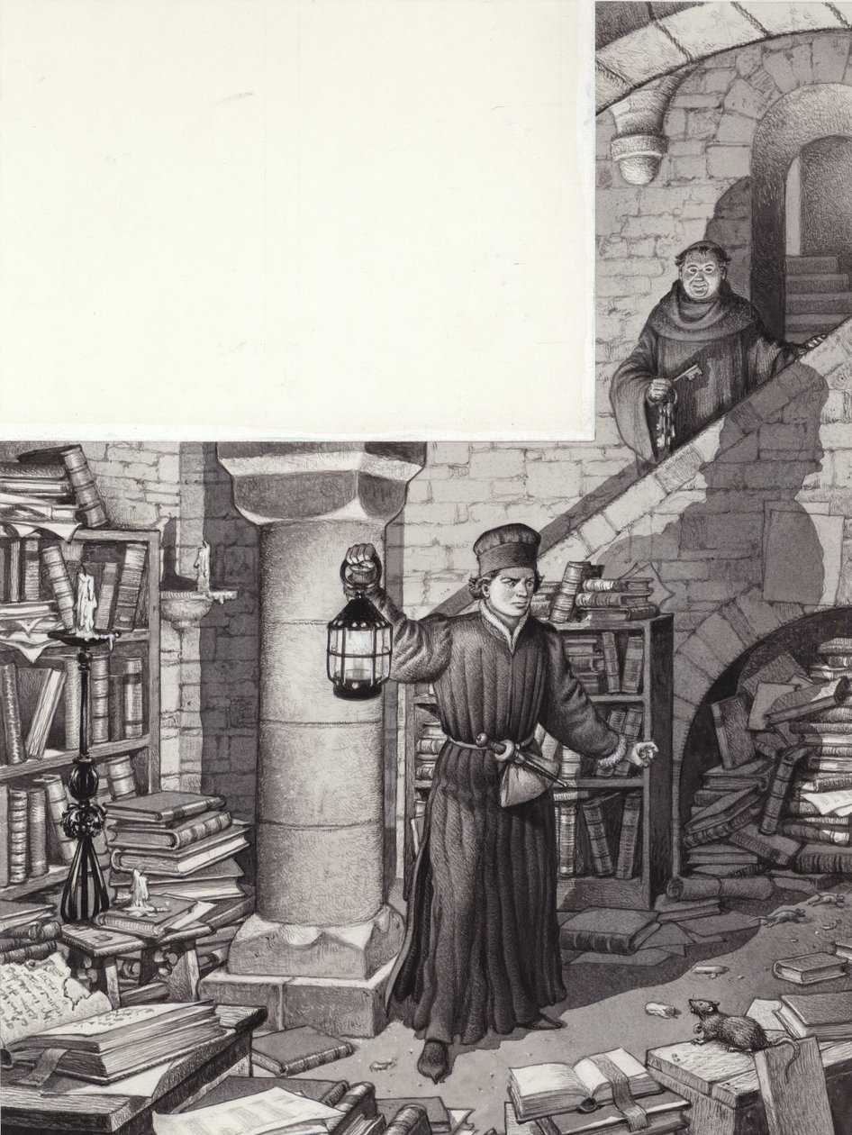 Poggio Bracciolini in de verwaarloosde bibliotheek van het klooster van St Gall (gouache op papier) door Pat (1907 95) Nicolle