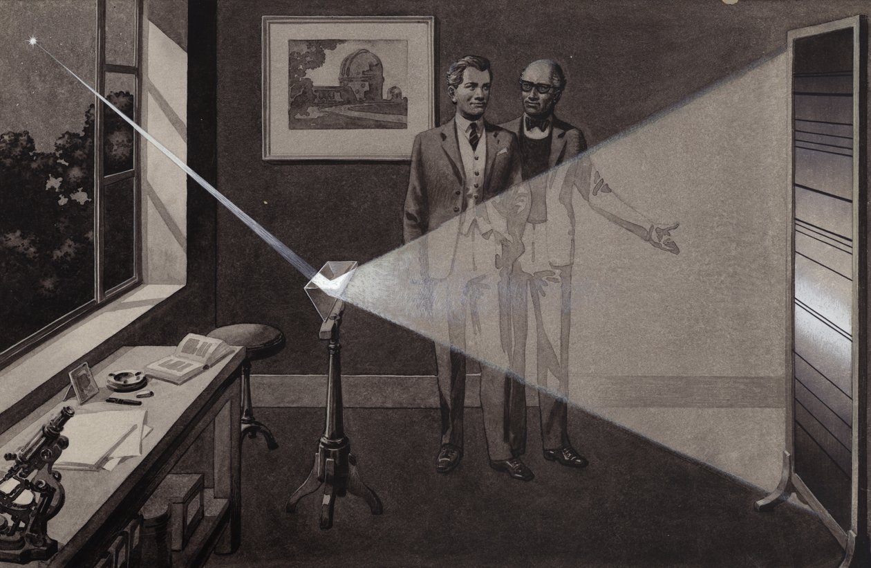 Het licht van een ster valt op een prisma en splitst zich in een regenboog van kleuren (gouache op papier) door Pat (1907 95) Nicolle
