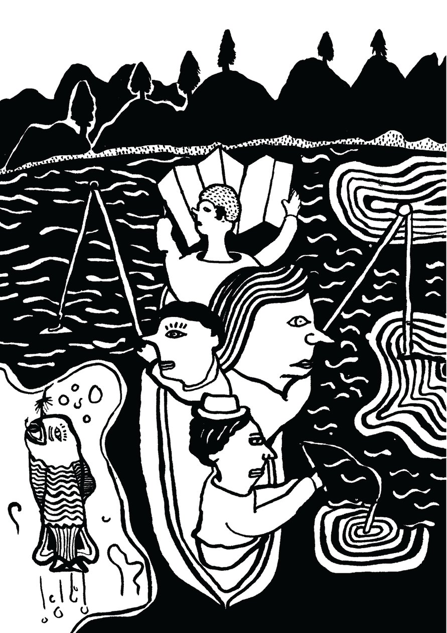 Een vis vangen, 2014 (inkt en penseel) door Pat Macdonald