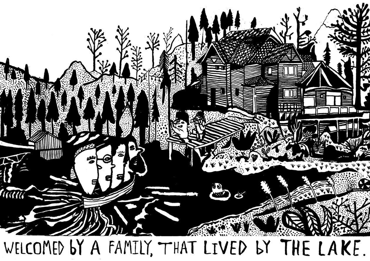 Verwelkomd door een familie, 2014 (inkt en penseel) door Pat Macdonald