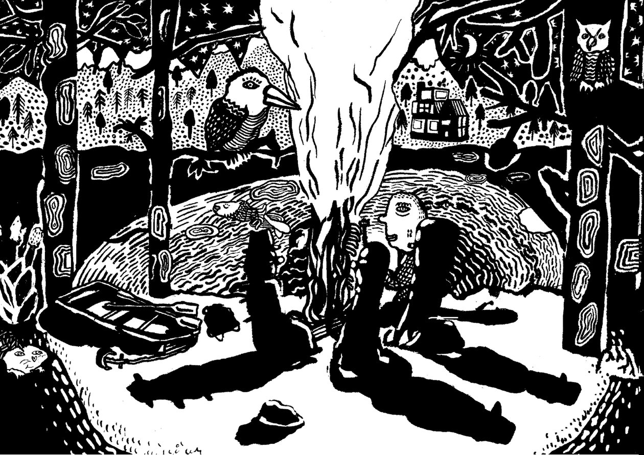 vuur in het bos, 2014 (inkt en penseel) door Pat Macdonald