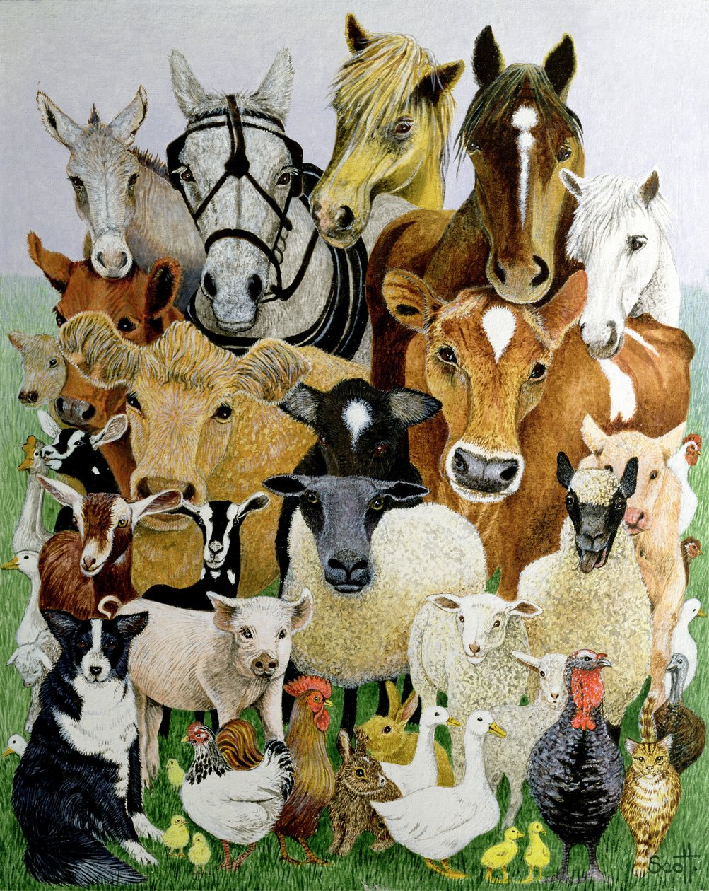 Allerlei dieren (acrylverf op calico) door Pat Scott