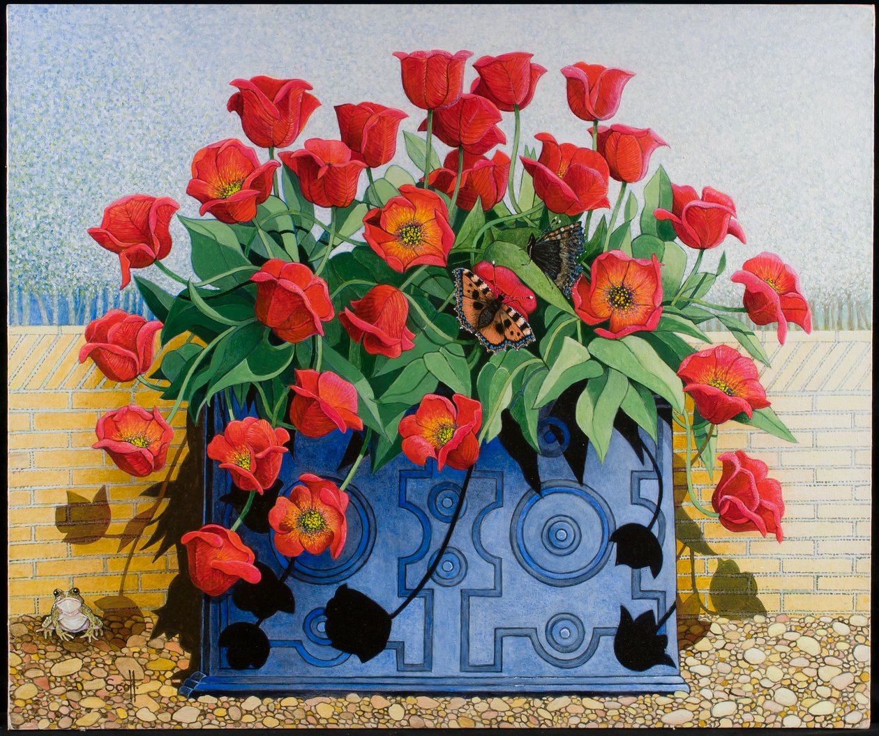 Getting There, 2011 (acryl op calico) bloemen; tulpen; stilleven; bloembak; pad; kikker; vlinders; door Pat Scott