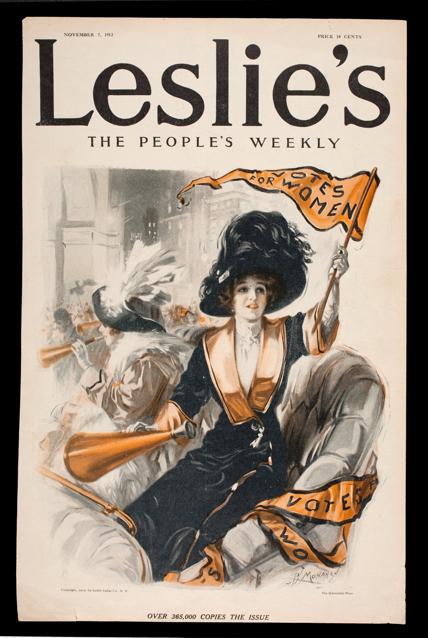 Stemrecht voor vrouwen, voorpagina van Leslies The Peoples Weekly, 7 november 1912 door Patrick J. Monahan