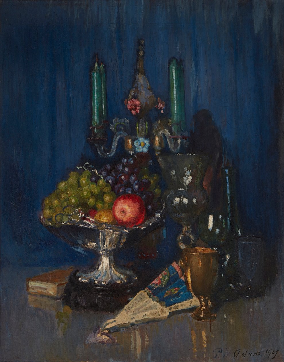 Een Stilleven van Fruit en Objecten op een Tafel door Patrick William Adam