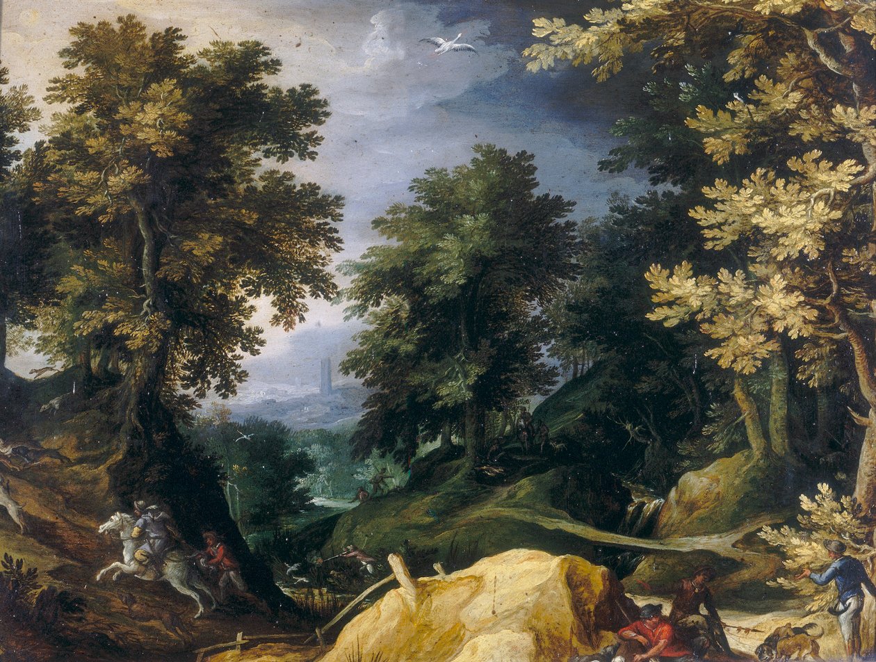 Landschap met hazenjacht door Paul Bril