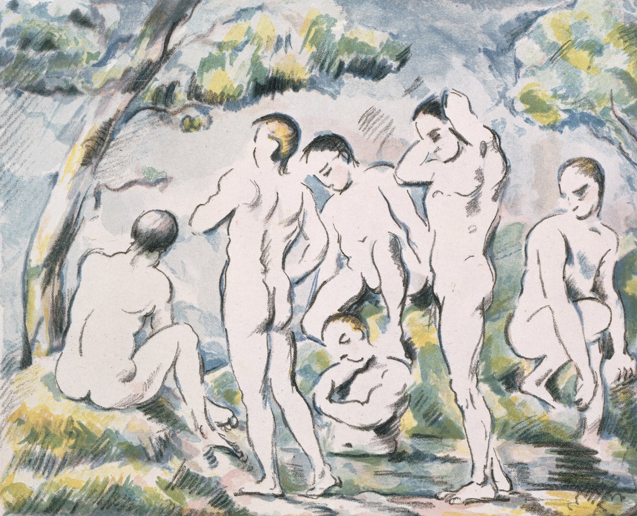 Baden in een landschap door Paul Cézanne