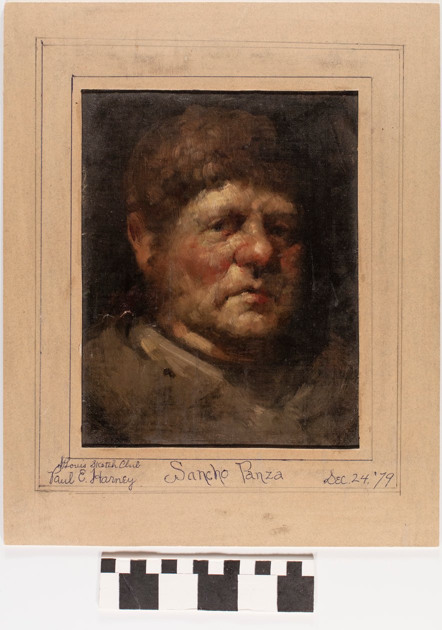 Kleine olieverfschilderij op doek van Sancho Panza, de fictieve schildknaap in Cervantes