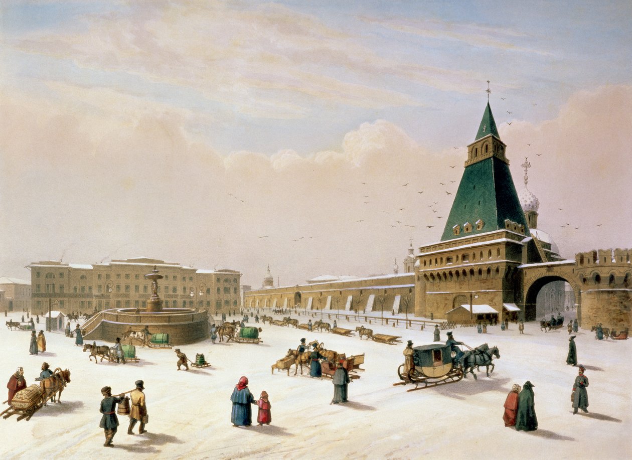 Loebjankaplein in Moskou, gedrukt door Louis-Pierre-Alphonse Bichebois (1801-50), 1830 door Paul Marie Roussel
