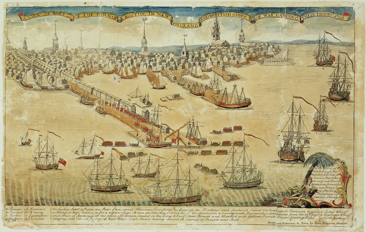 Een Uitzicht op een Deel van de Stad Boston in New England en Britse Oorlogsschepen die hun Troepen Landen! door Paul Revere