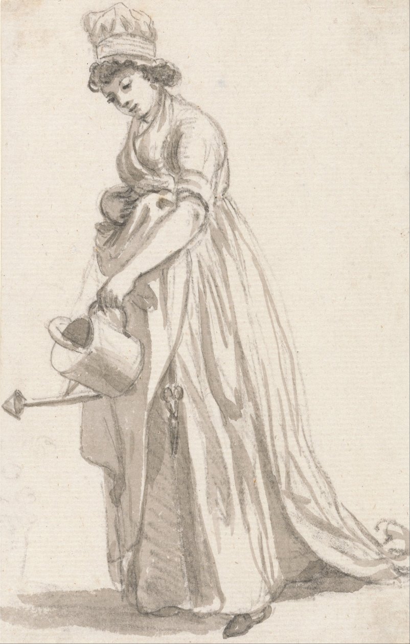 Een meisje met een gieter naar links: Sarah Hough, kindermeisje van mevrouw T.P. Sandby door Paul Sandby
