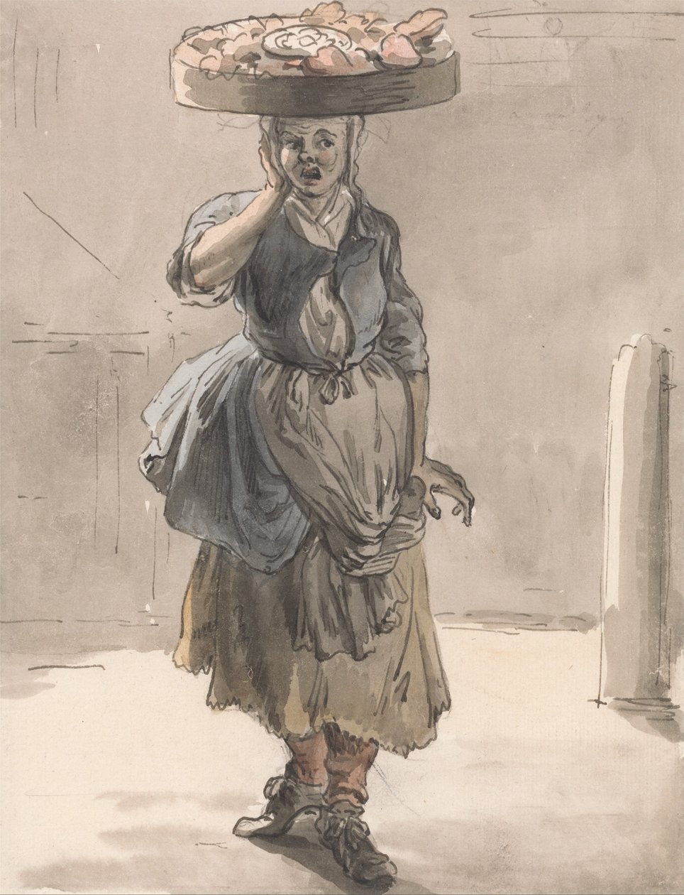 Londense kreten: Een meisje met een mand op haar hoofd (Lichtjes voor de katten, lever voor de honden) door Paul Sandby
