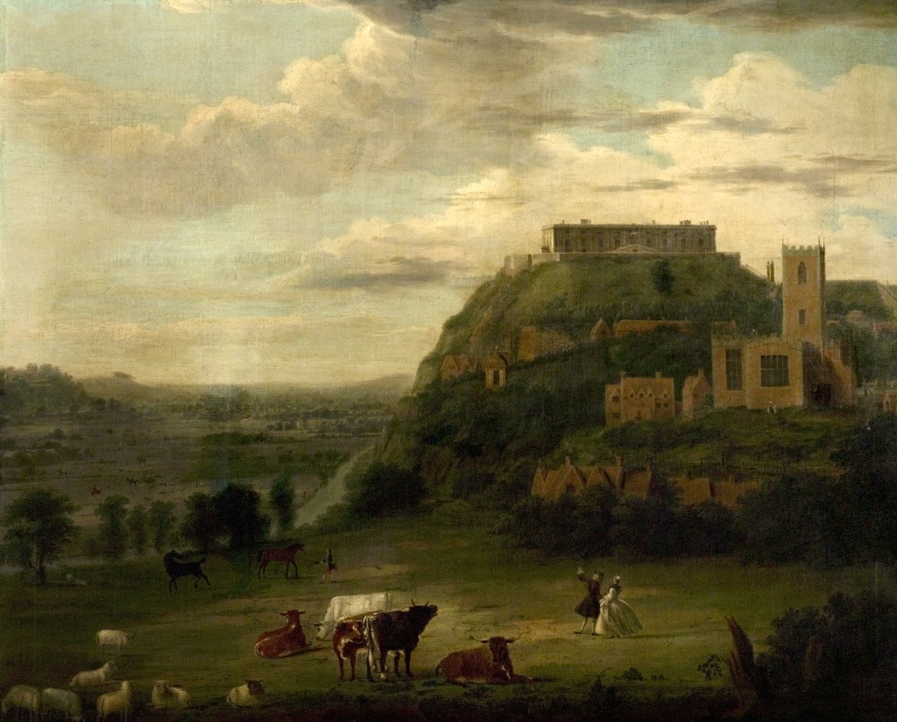 Uitzicht op Nottingham Castle met de St. Nicholas-kerk en huizen, ca. 1742-50 door Paul Sandby