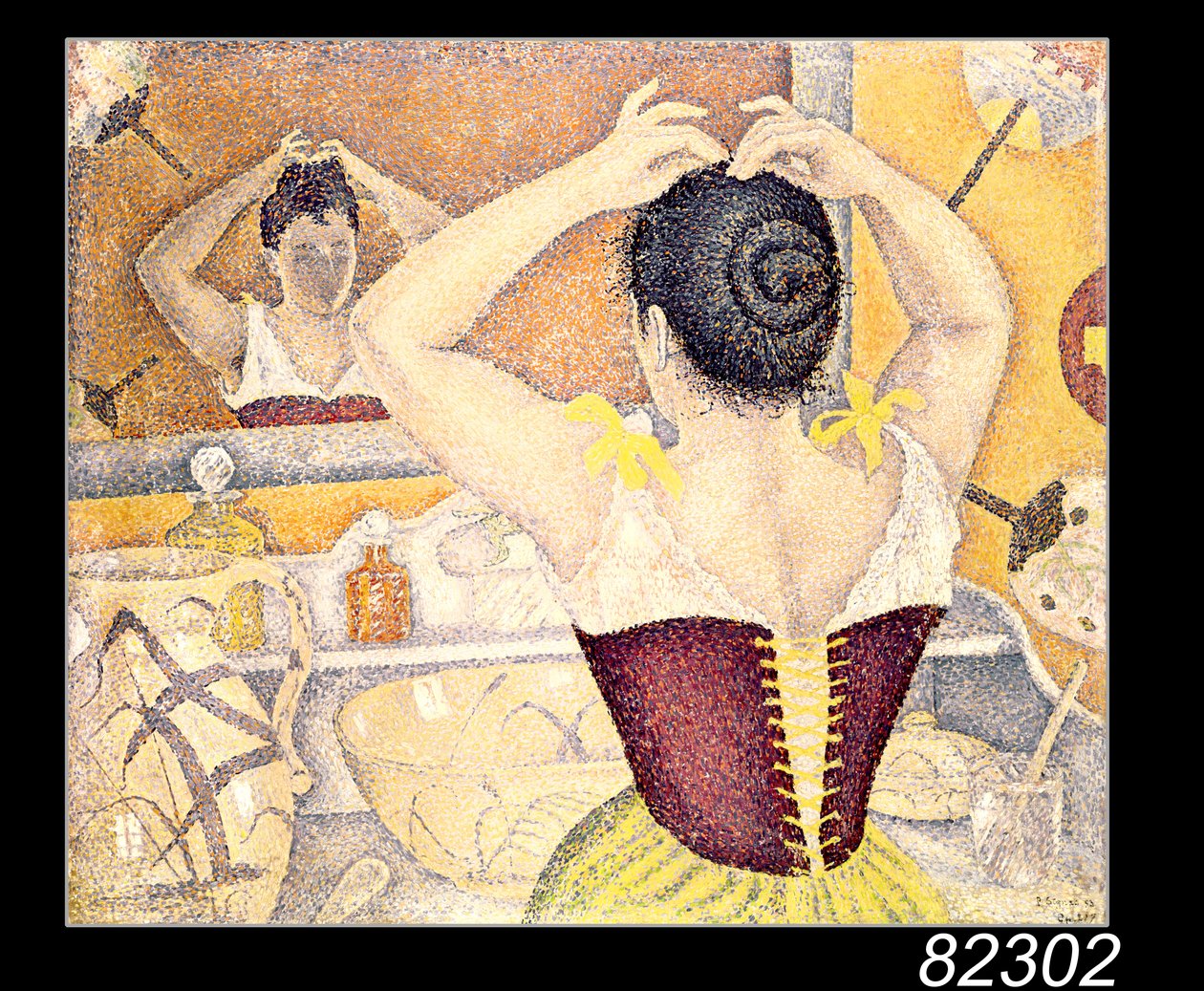 Vrouw bij haar toilet met een paarse korset door Paul Signac