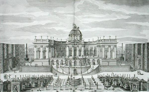 De Grote Grot en de Fonteintuin bij het Prinselijke Lustpaleis en Tuinen, Berlijn, gegraveerd door Johann August Corvinus, gepubliceerd ca. 1711-16 (gravure) door Paul Decker