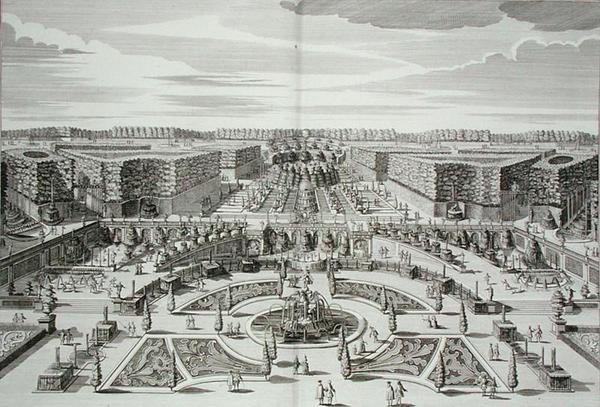 De Grote Waterval van het Prinselijke Lustpaleis en Tuinen, Berlijn, gegraveerd door Karl Remshard, gepubliceerd ca. 1711-16 (gravure) door Paul Decker