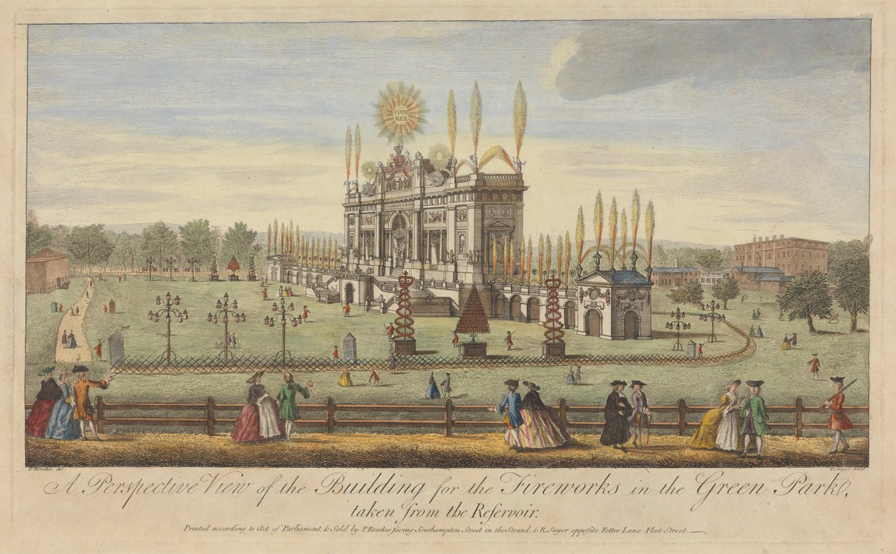 Een perspectief van het gebouw voor het vuurwerk in het Green Park, genomen vanaf het reservoir door Paul Angier
