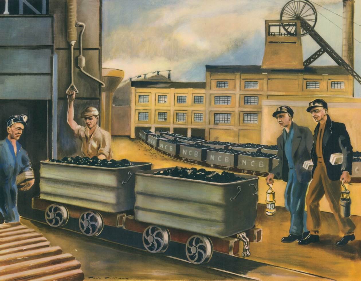 De mijnkop van een kolenmijn in het Verenigd Koninkrijk (kleurenlitho) door Paul B. Mann
