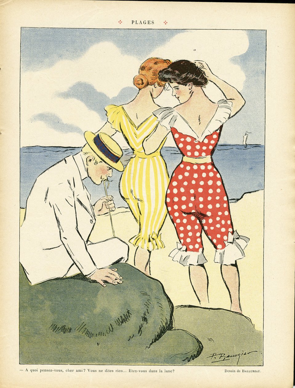 Illustratie van Paul Balluriau (1860-1917) in Le Rire, 01/08/08 - Stranden - Vrije tijd, Liefde, Mode, Maritiem, Zwemkleding door Paul Balluriau