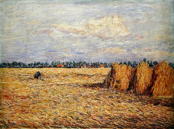 Vlak landschap met geoogst graanveld door Paul Baum