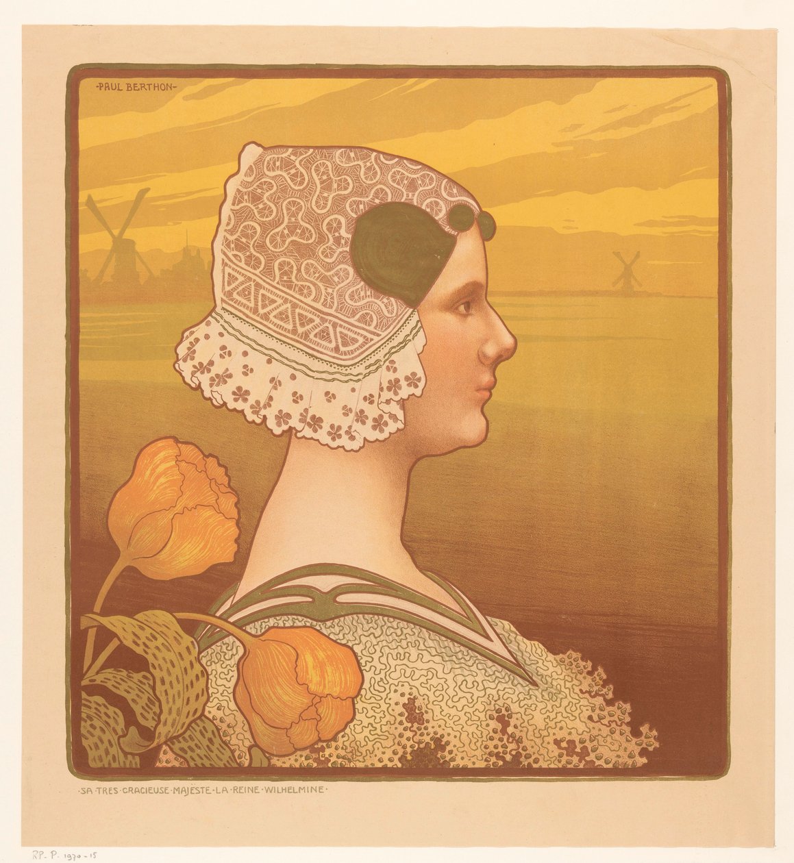 Portret van koningin Wilhelmina in klederdracht door Paul Berthon
