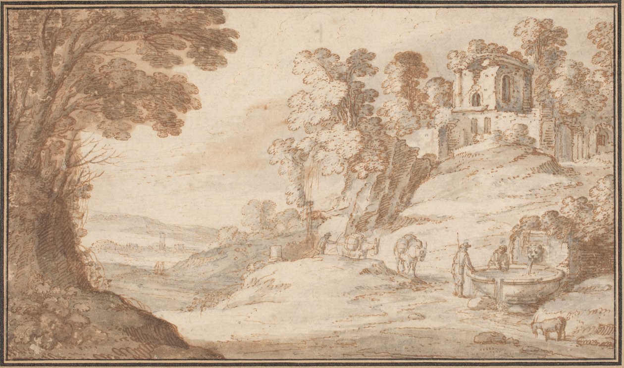 Klassiek Landschap met een Fontein door Paul Bril